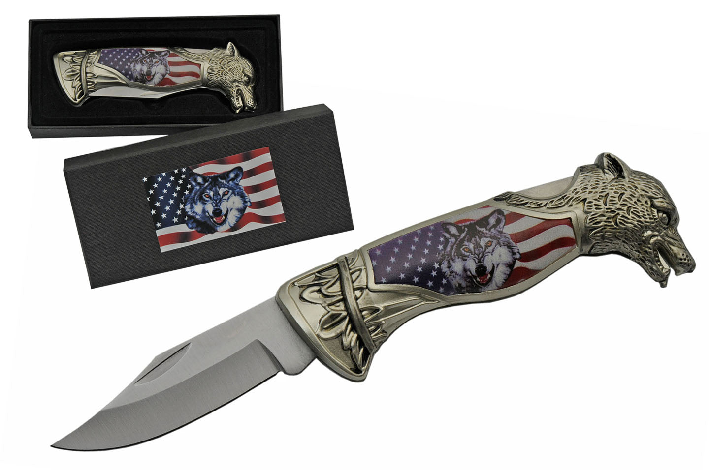 8" American Wolf Engraved Folding Knife | 211470-WF