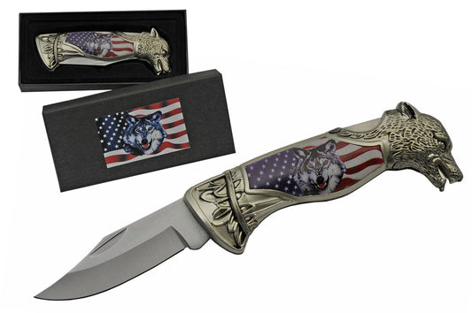 8" American Wolf Engraved Folding Knife | 211470-WF