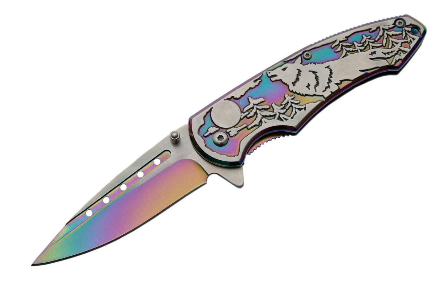 4.5" Wolf-Embossed Rainbow Folding Knife | 300269-RB