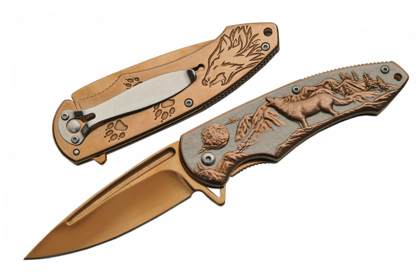 4.5" Engraved Howling Wolf Gold Folding Knife | 300403-GD