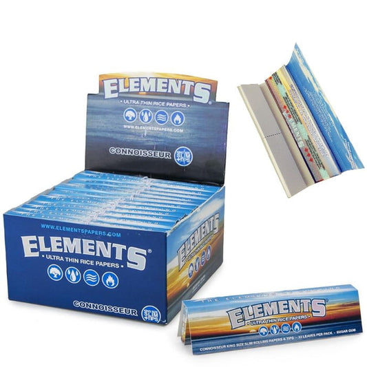 Elements Ultra Thin Rice Paper | Connoisseur | King Size Slim + Tips | 24 Booklets