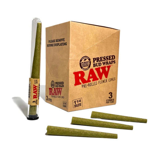 RAW Pressed Bud Wraps | 1-1/4" Pre-rolled Flower Cones | 3 Cones | 12ct