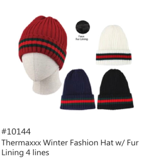 Thermaxxx | Fashionable Winter 4-stripe Knit Hat w/ Fur Lining | 12ct | Item 10144
